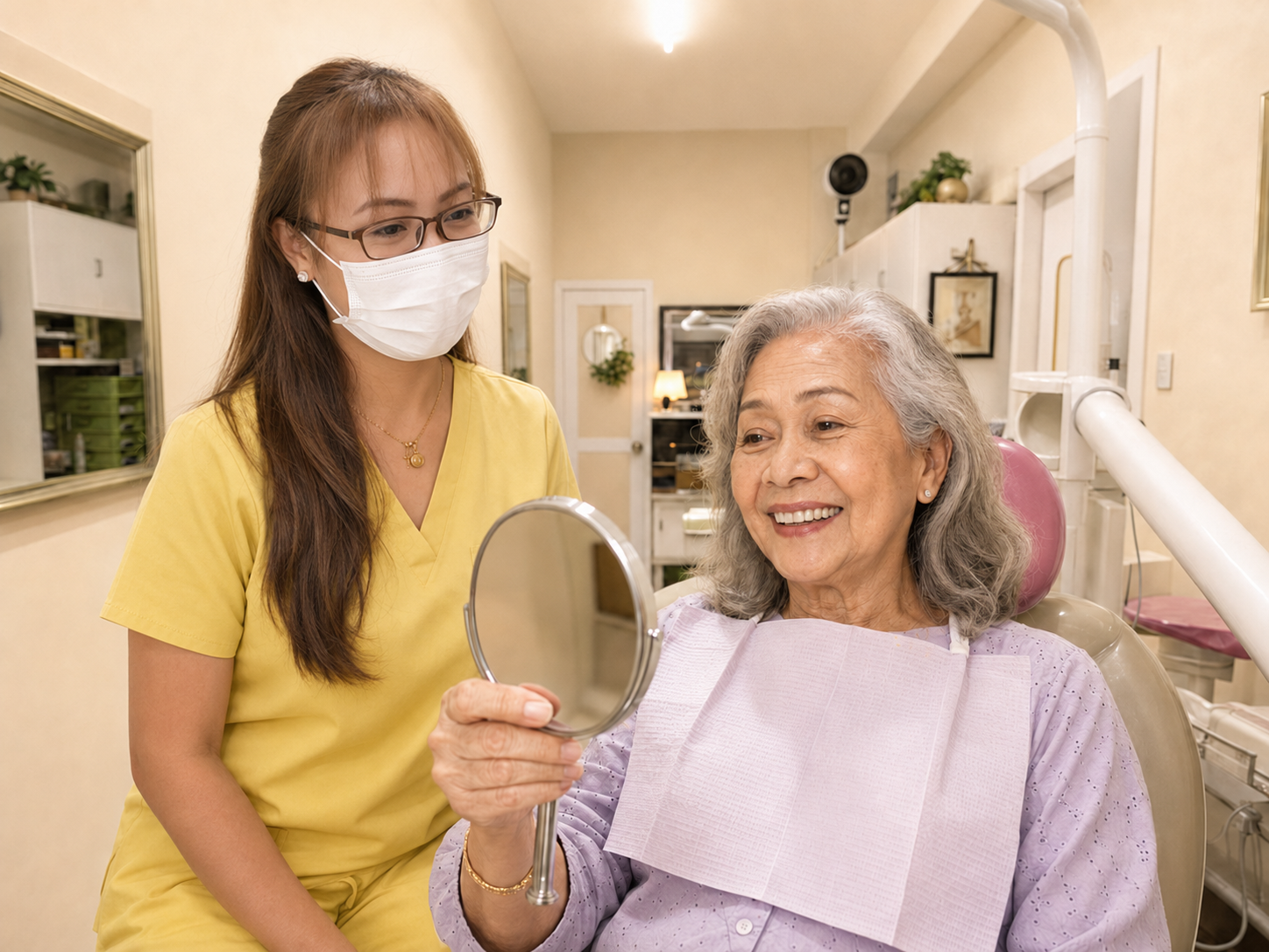 Senior patient happily viewing her new dentures at Royal Smiles